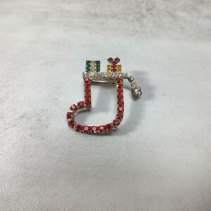 VTG Christmas Stocking Brooch Pin Rhinestone Red Green Presents Holiday Jewelry